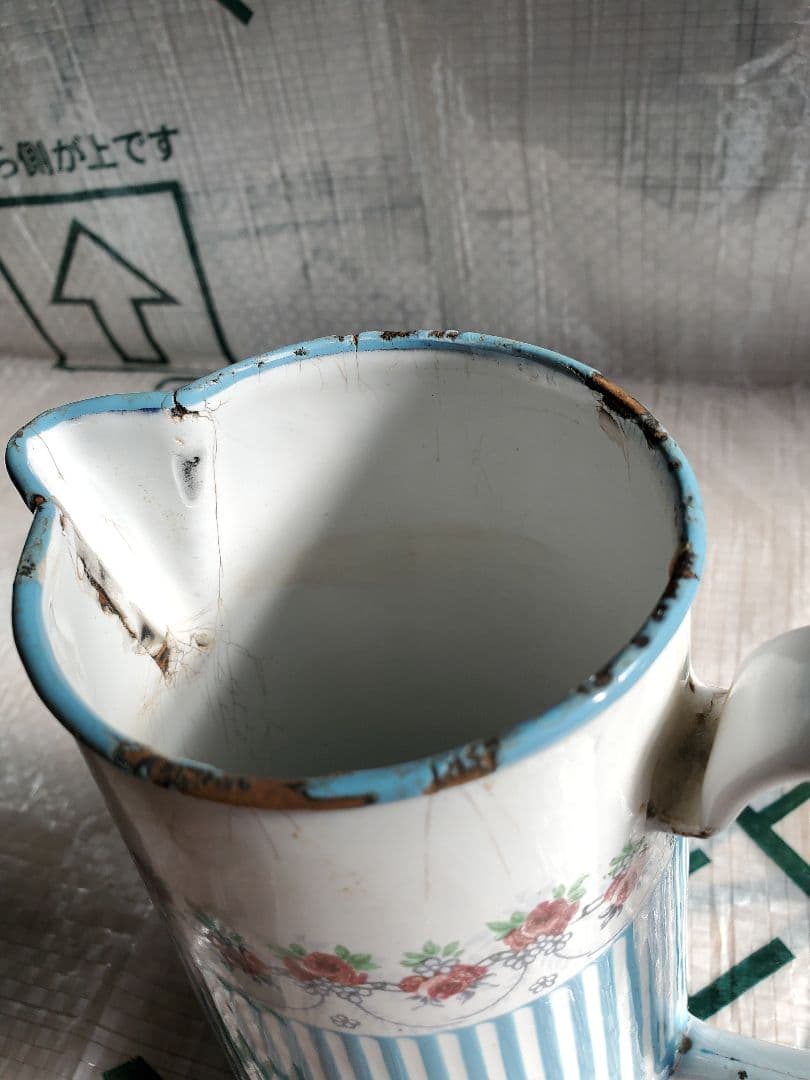 フランス　アンティーク　ホーロー　ジャグ　BB社　ローズガーランド　セット