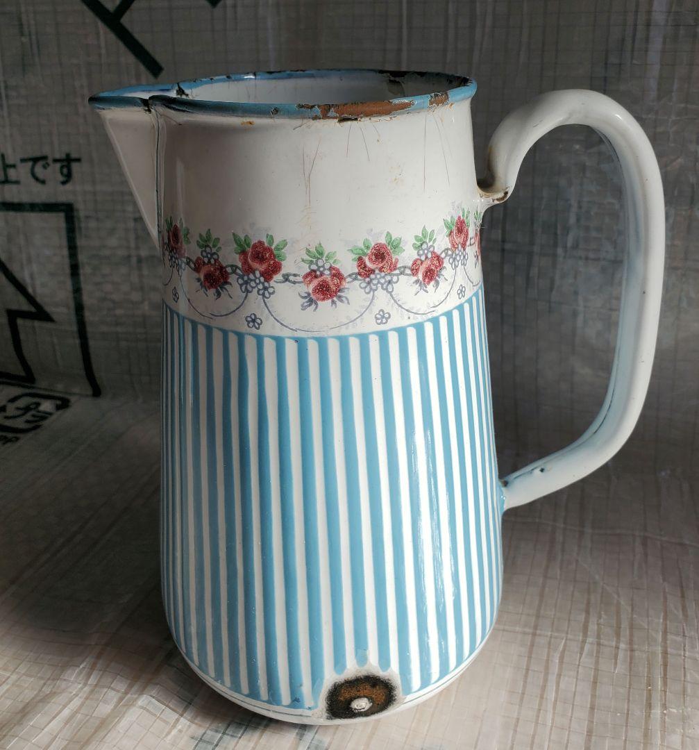 フランス　アンティーク　ホーロー　ジャグ　BB社　ローズガーランド　セット