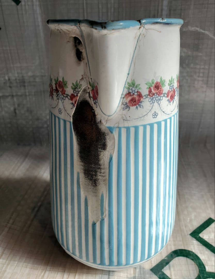 フランス　アンティーク　ホーロー　ジャグ　BB社　ローズガーランド　セット