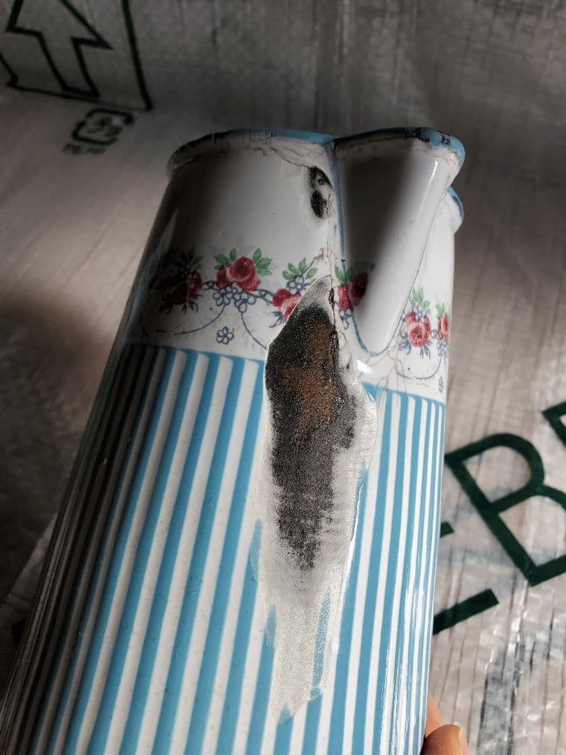 フランス　アンティーク　ホーロー　ジャグ　BB社　ローズガーランド　セット