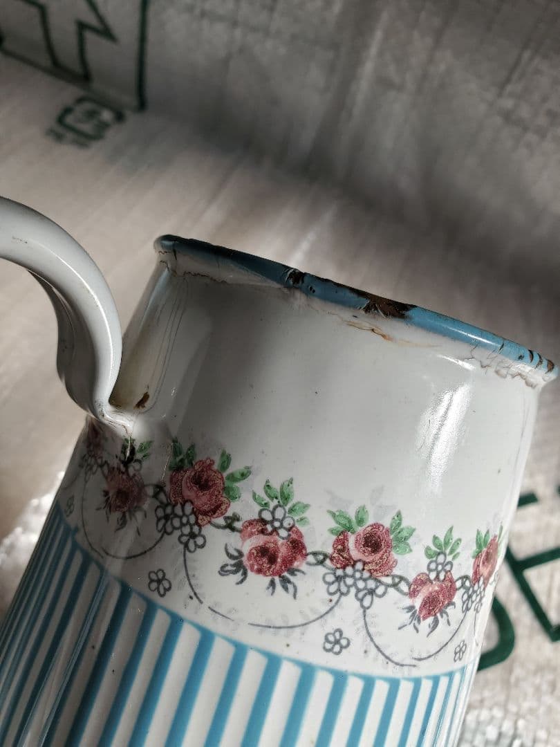 フランス　アンティーク　ホーロー　ジャグ　BB社　ローズガーランド　セット