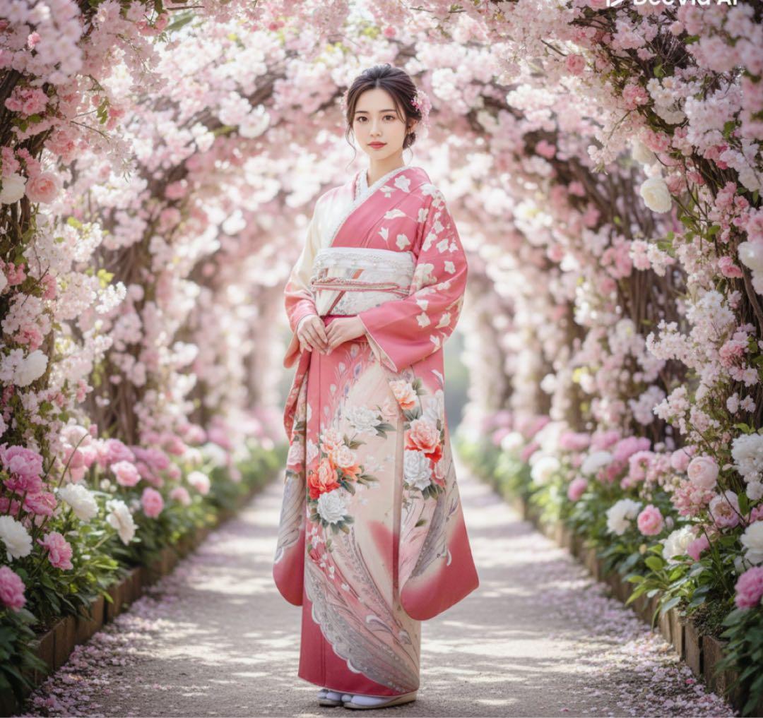 正絹振袖フルセット　豪華金彩　薔薇　パール姫　ピンク 花柄 振袖 絹