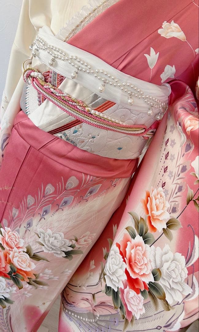 正絹振袖フルセット　豪華金彩　薔薇　パール姫　ピンク 花柄 振袖 絹
