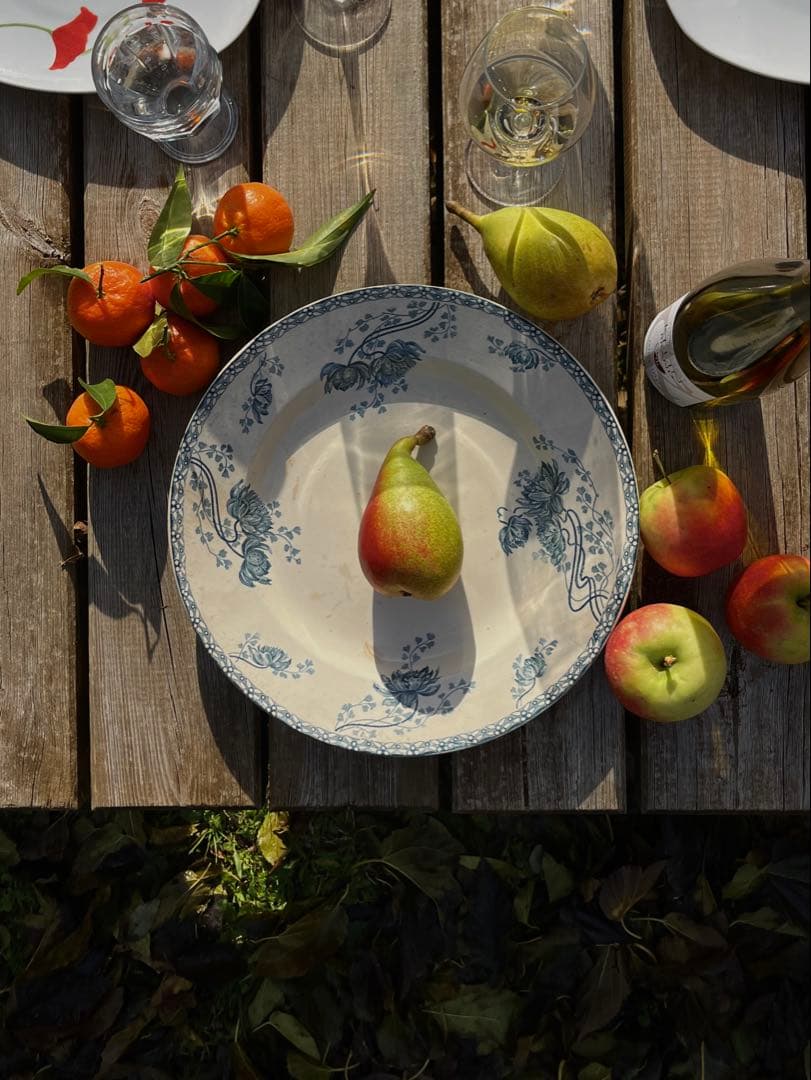 ◆フランスアンティーク｜サングミンヌ30cm大皿プレート花ボタニカル青緑陶器睡蓮