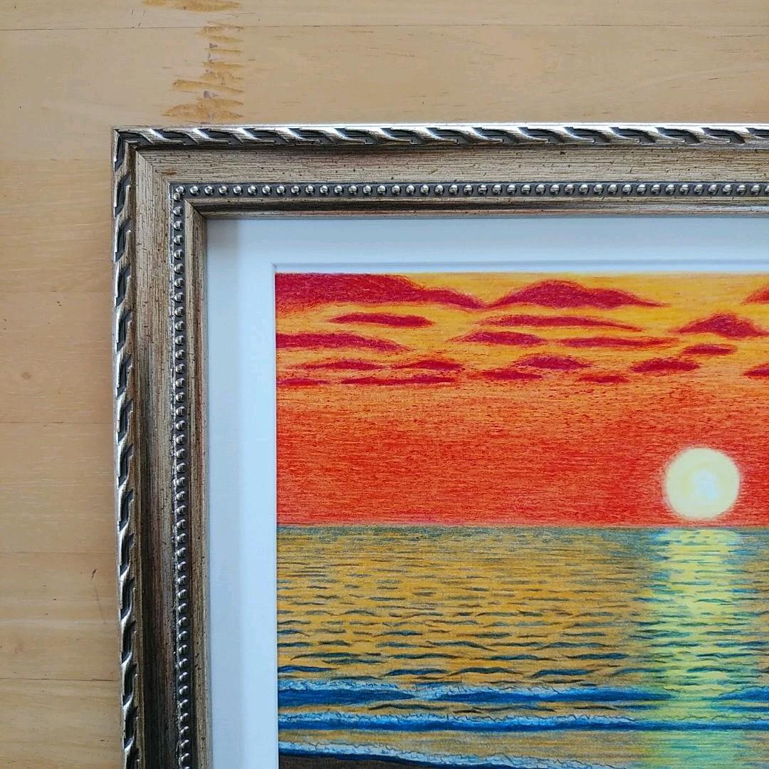 絵画色鉛筆風景画『夕日の海』原画