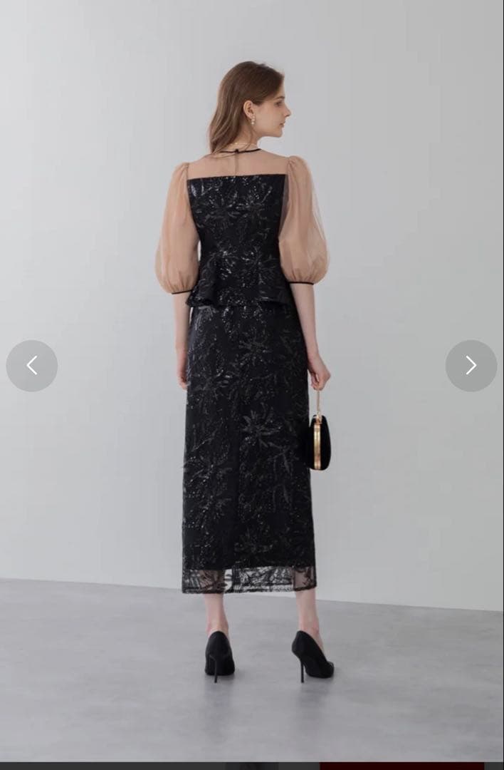 LEJA シアーパフスリーブペプラムスパンコール花柄Iラインドレス