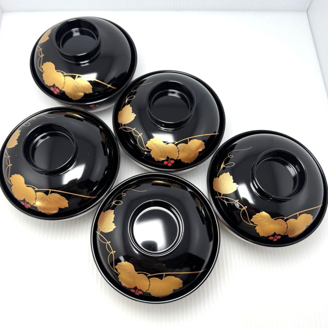 新品未使用 会津塗 吸物椀 蓋付き 5客セット つた唐草 蒔絵 漆器 共箱