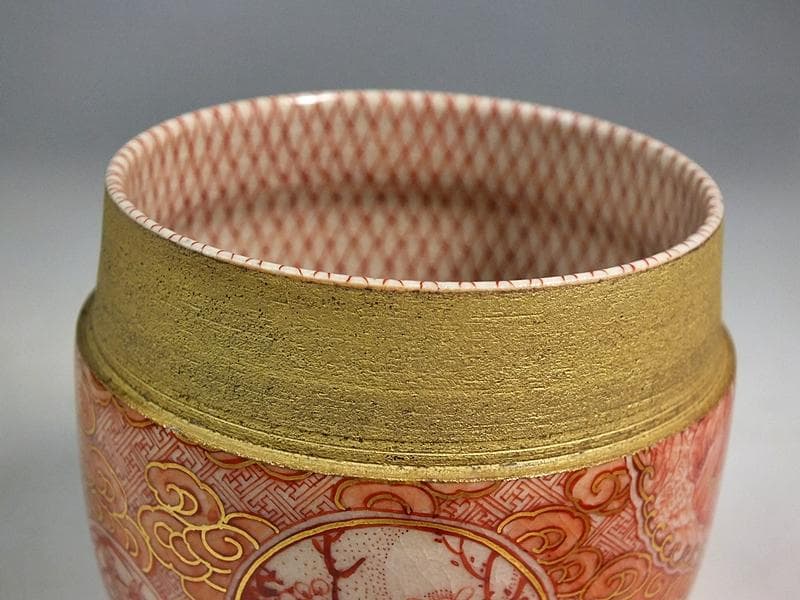 ☆ 福島武山 作 赤繪琴高仙人文 棗 九谷佐野窯盃 共箱 ☆A10