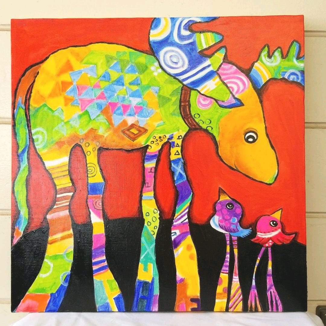 油絵　やまちゃん確認　ベストフレンド*ヘラジカと鳥