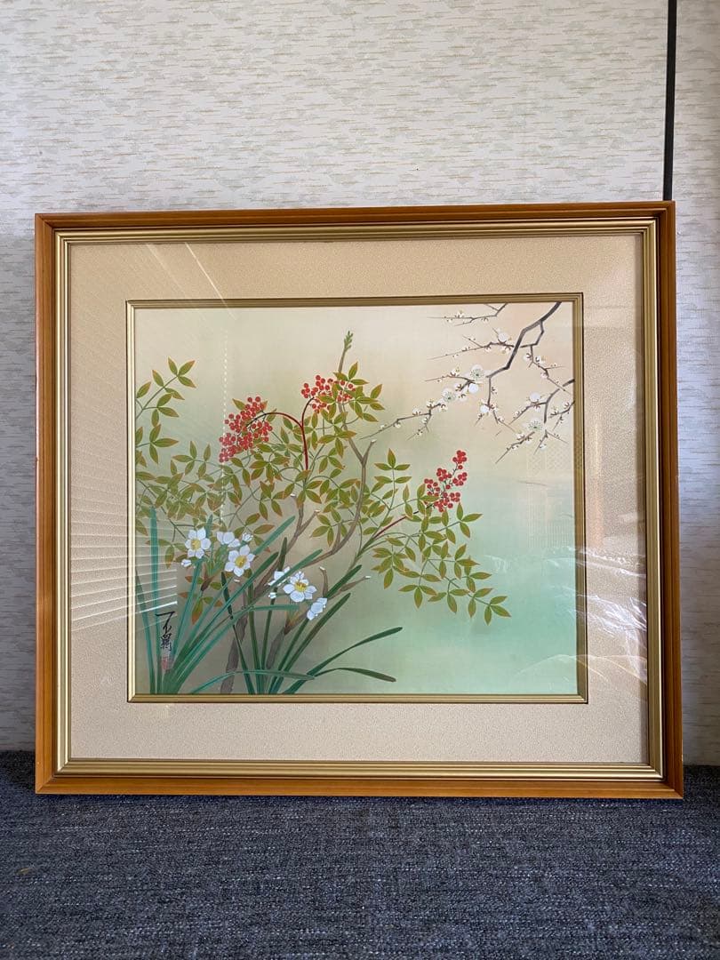 絹本　額縁　南天