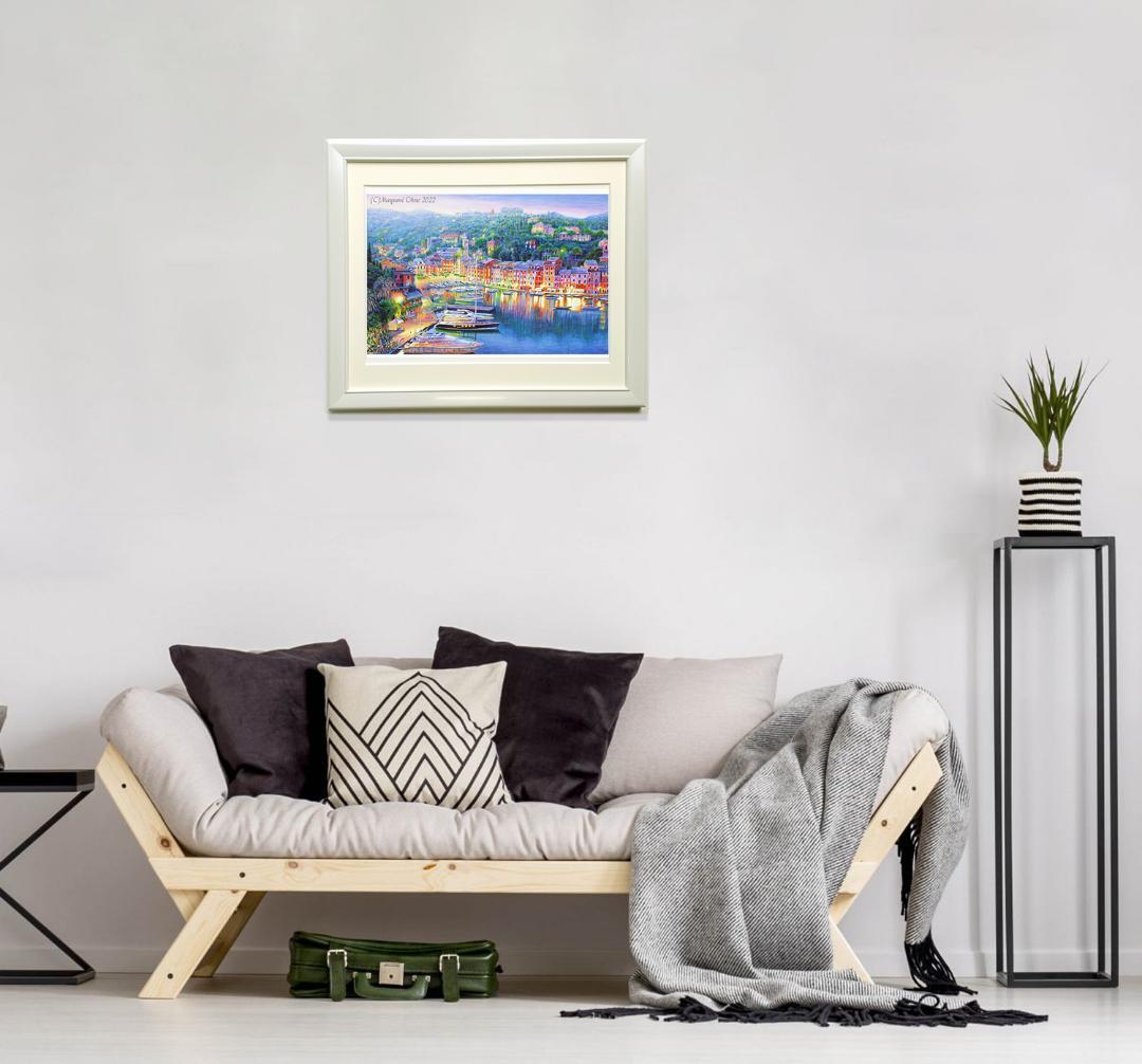 ポルトフィーノ ヨーロッパ　地中海　夕景　風景画　イタリア　絵画　額縁　写実 海