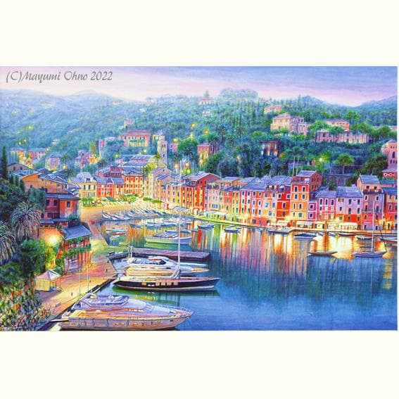 ポルトフィーノ ヨーロッパ　地中海　夕景　風景画　イタリア　絵画　額縁　写実 海