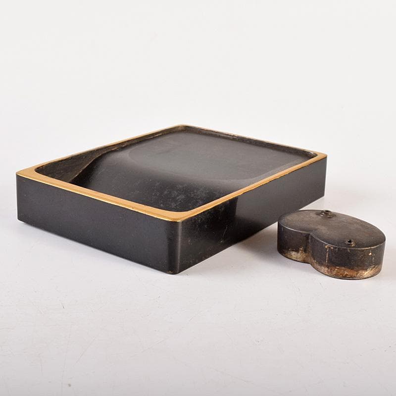 書道具　黒漆　玉石螺鈿装飾　花蝶文　硯箱　時代箱付　G　R7807