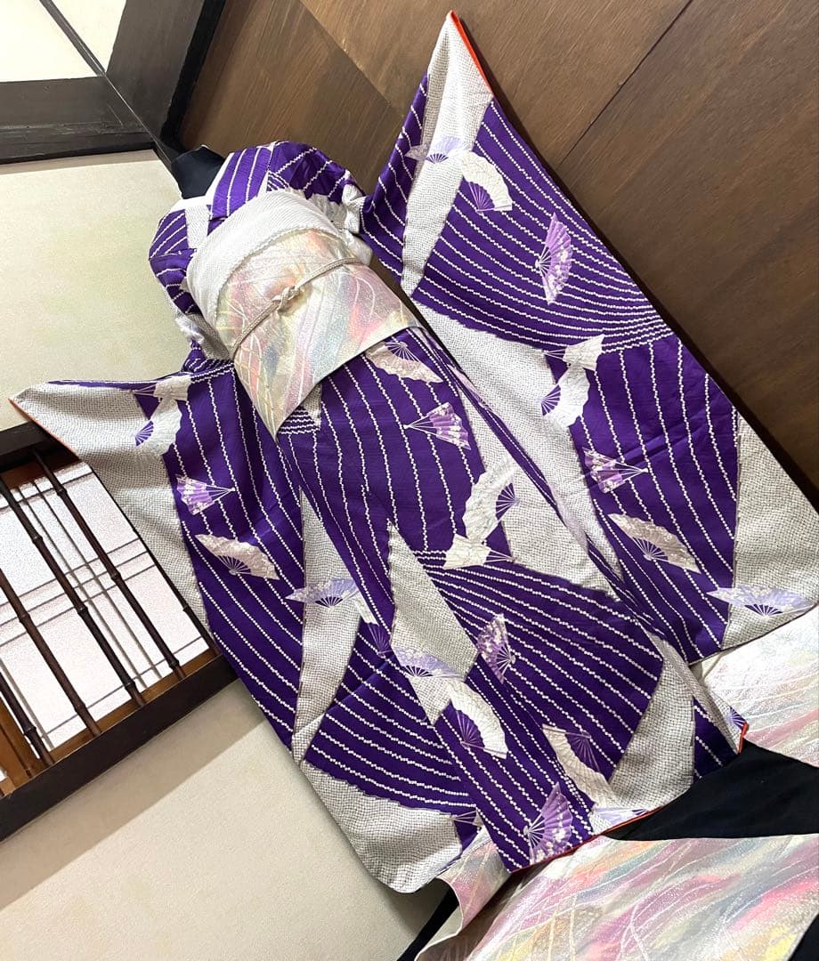 振袖フルセット6点サイズM〜Ｌ檜扇花文　鹿の子　金彩　正絹