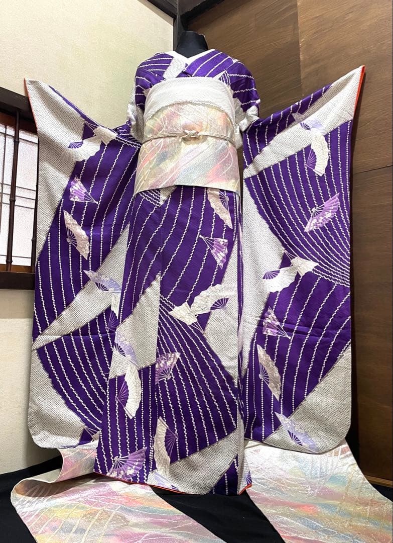 振袖フルセット6点サイズM〜Ｌ檜扇花文　鹿の子　金彩　正絹