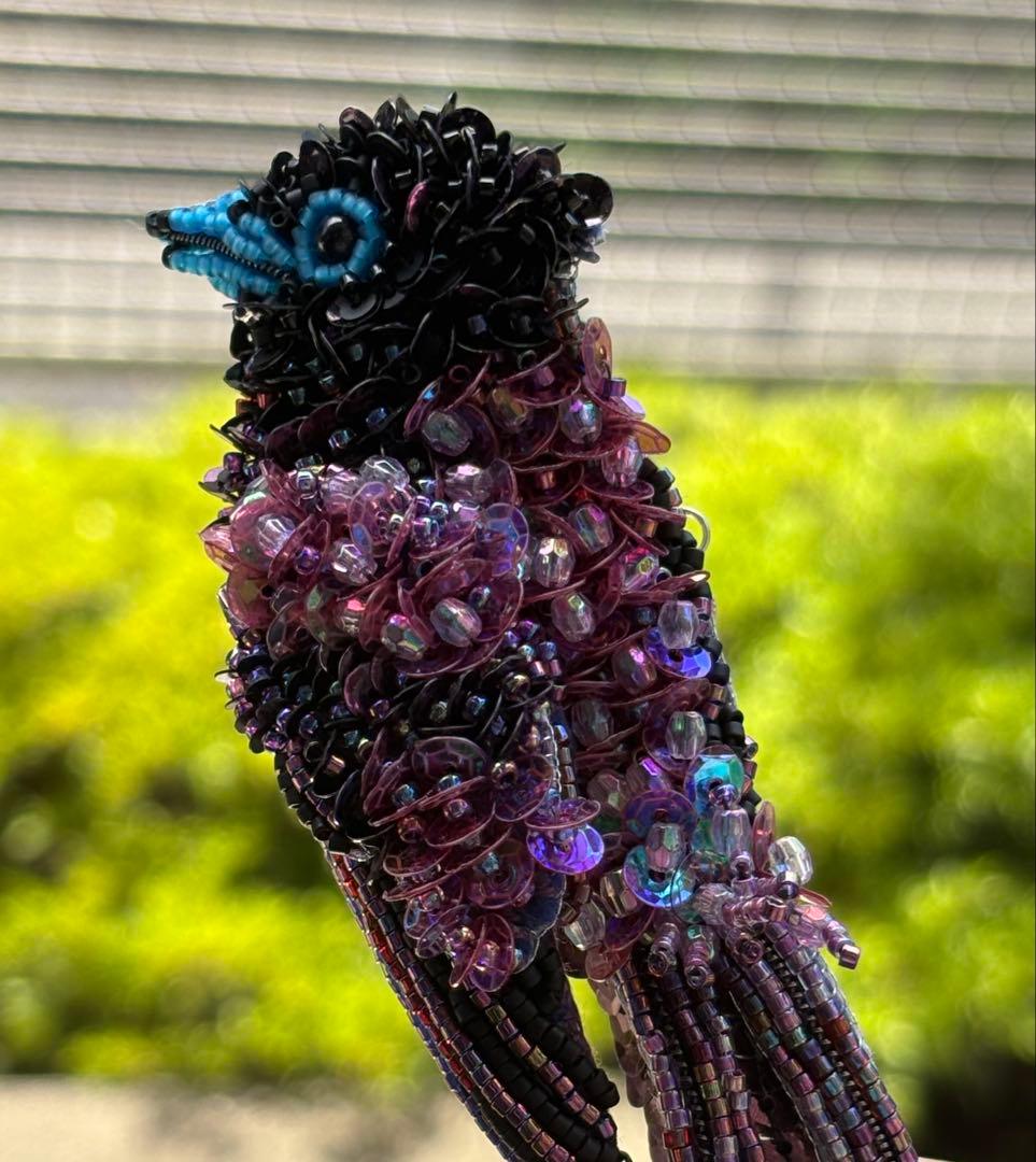 【サンコウチョウ】ビーズ刺繍ブローチバッグチャーム