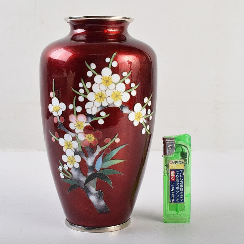 七宝焼　加藤七宝製作所　梅竹文　花瓶　台・箱付　M　R9494