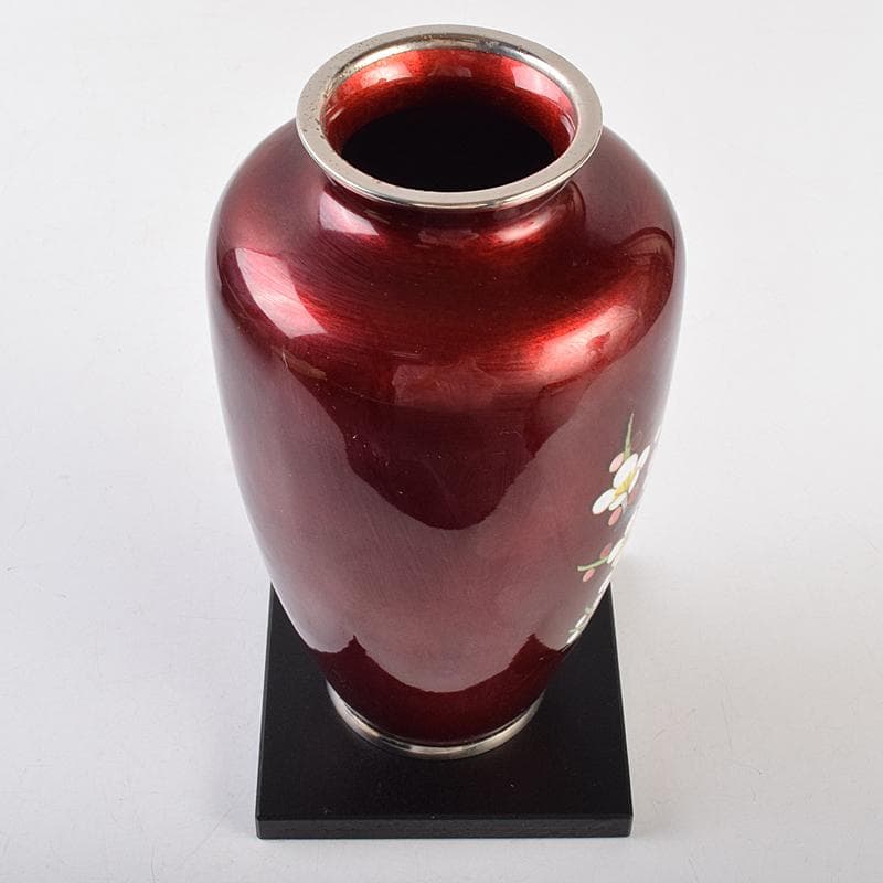 七宝焼　加藤七宝製作所　梅竹文　花瓶　台・箱付　M　R9494