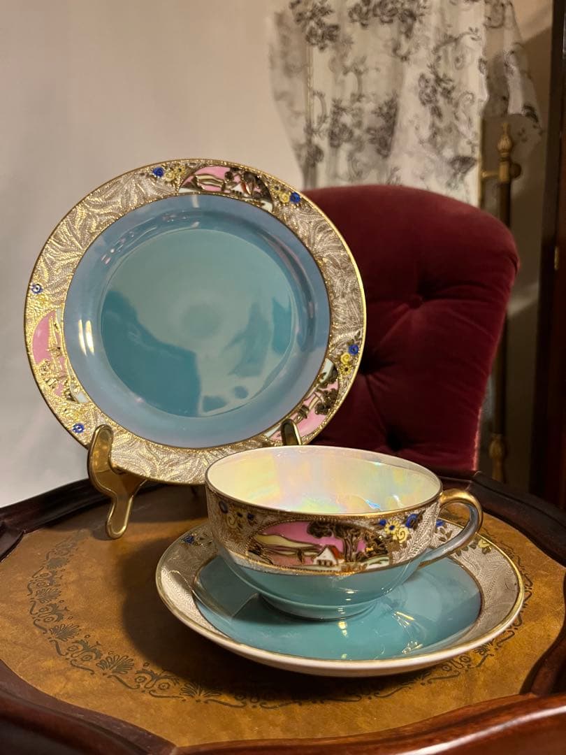 オールドノリタケ　M印　ラスター彩　金彩　風景カップ　プレート　トリオ