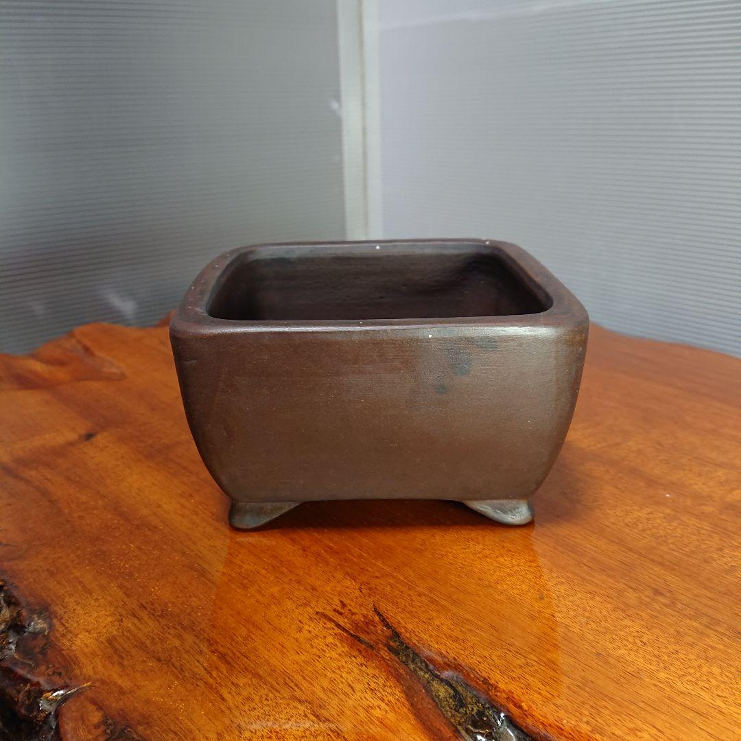 佳山 小型 四角形 陶器製 植木鉢 盆栽鉢 落款 常滑 Bonsai 濃茶色