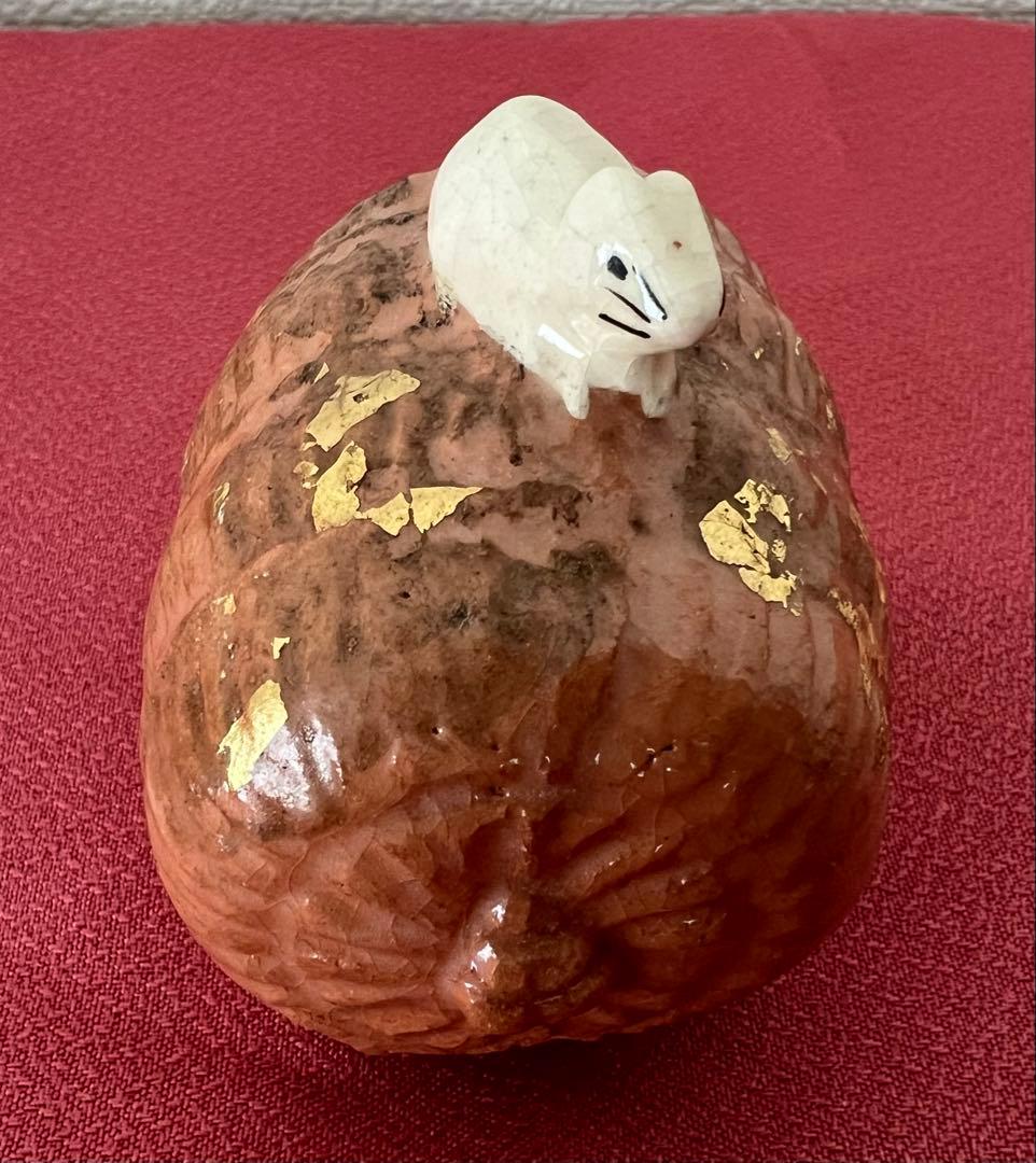 京焼 六代 清水六兵衛 干支 子 置物 俵に鼠 共箱 共布有り 縁起物