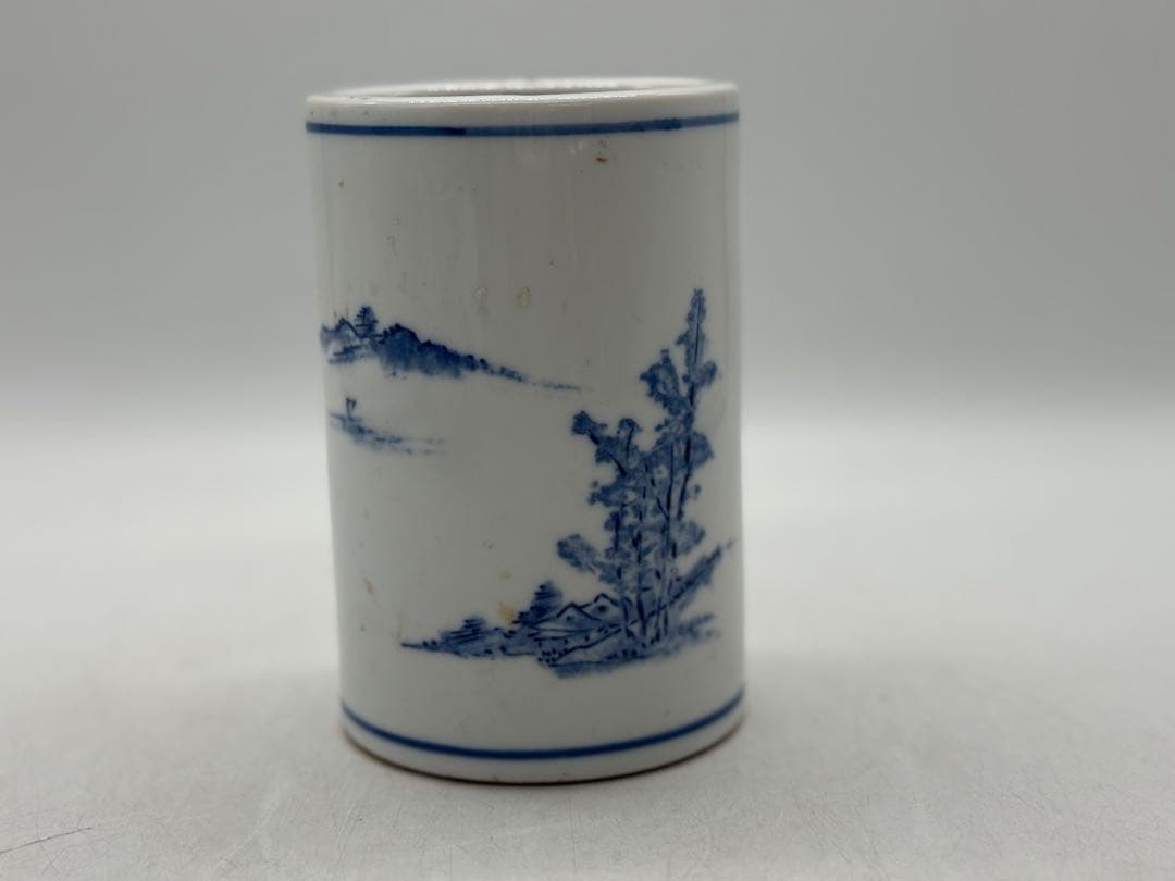 中国　染付　山水紋筆筒　送料込み260127