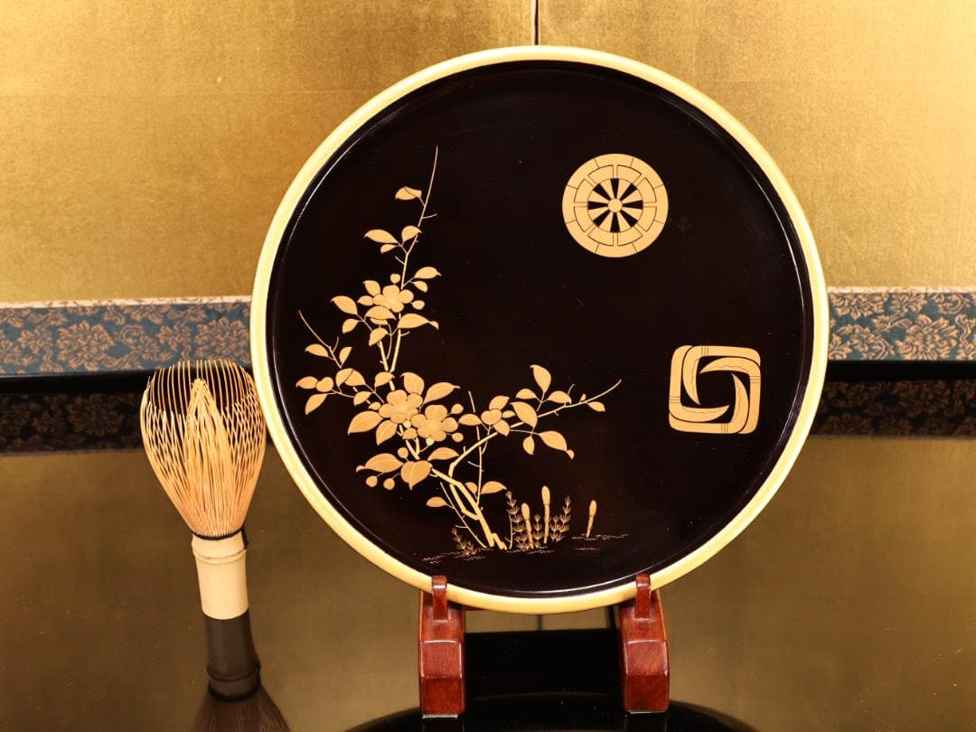 BK419　時代輪島塗　春草家門金蒔絵　丸盆　煎茶盆　菓子盆　三客　大聖寺　吸物