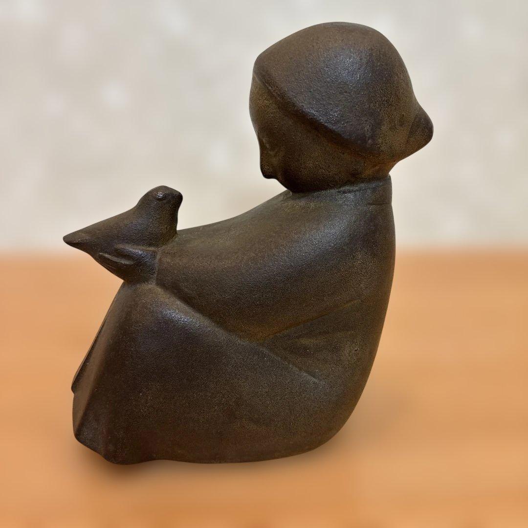 山本正道作 鳩と少女 彫刻 青銅 骨董 アンティーク ビンテージ