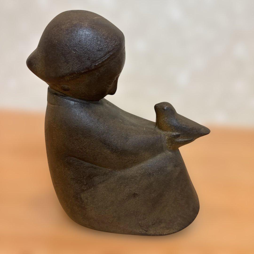 山本正道作 鳩と少女 彫刻 青銅 骨董 アンティーク ビンテージ