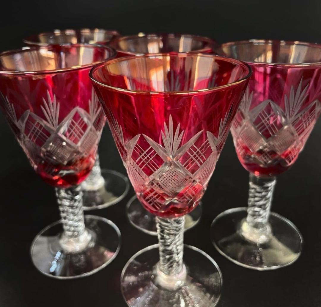 『衿』江戸切子 金赤 ワイングラス 5客 酒杯 酒器 硝子工芸 （鈴10）