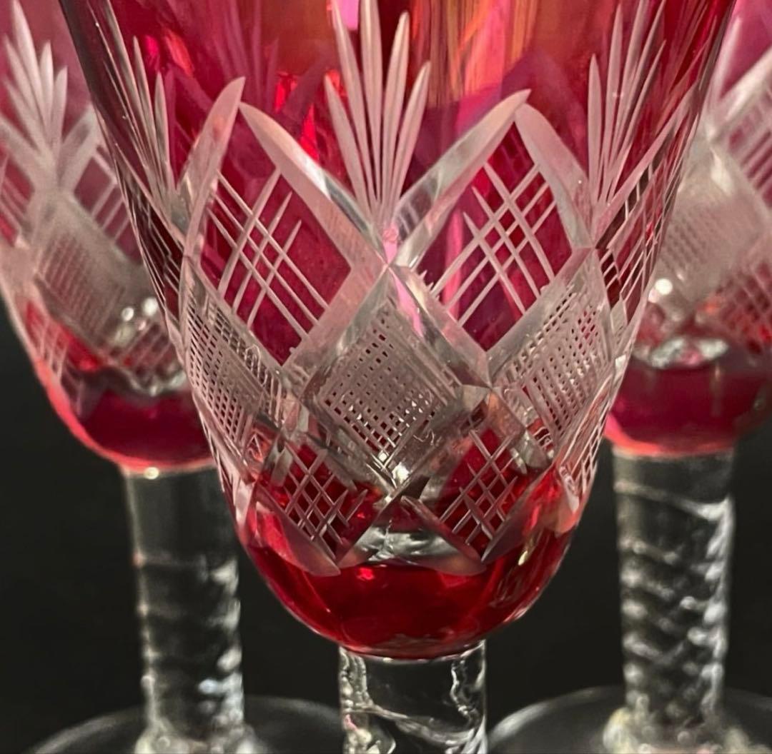 『衿』江戸切子 金赤 ワイングラス 5客 酒杯 酒器 硝子工芸 （鈴10）