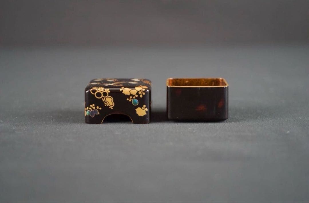 時代漆器 桐蒔絵 内梨地 貝入小箱 共箱 螺鈿細工 古美術 茶道具