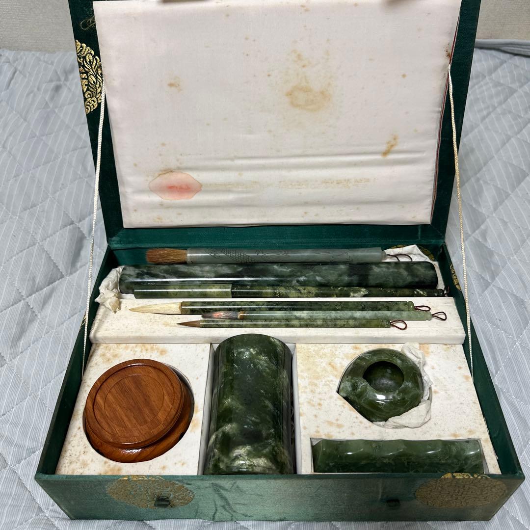 中国美術 和田碧玉 青玉筆 筆入れ 筆筒 書道具セット時代物　原箱付きまとめ