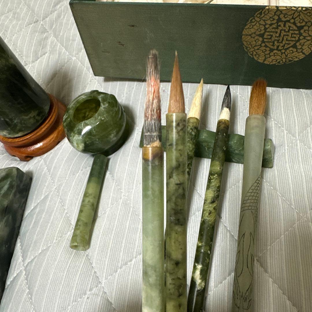 中国美術 和田碧玉 青玉筆 筆入れ 筆筒 書道具セット時代物　原箱付きまとめ