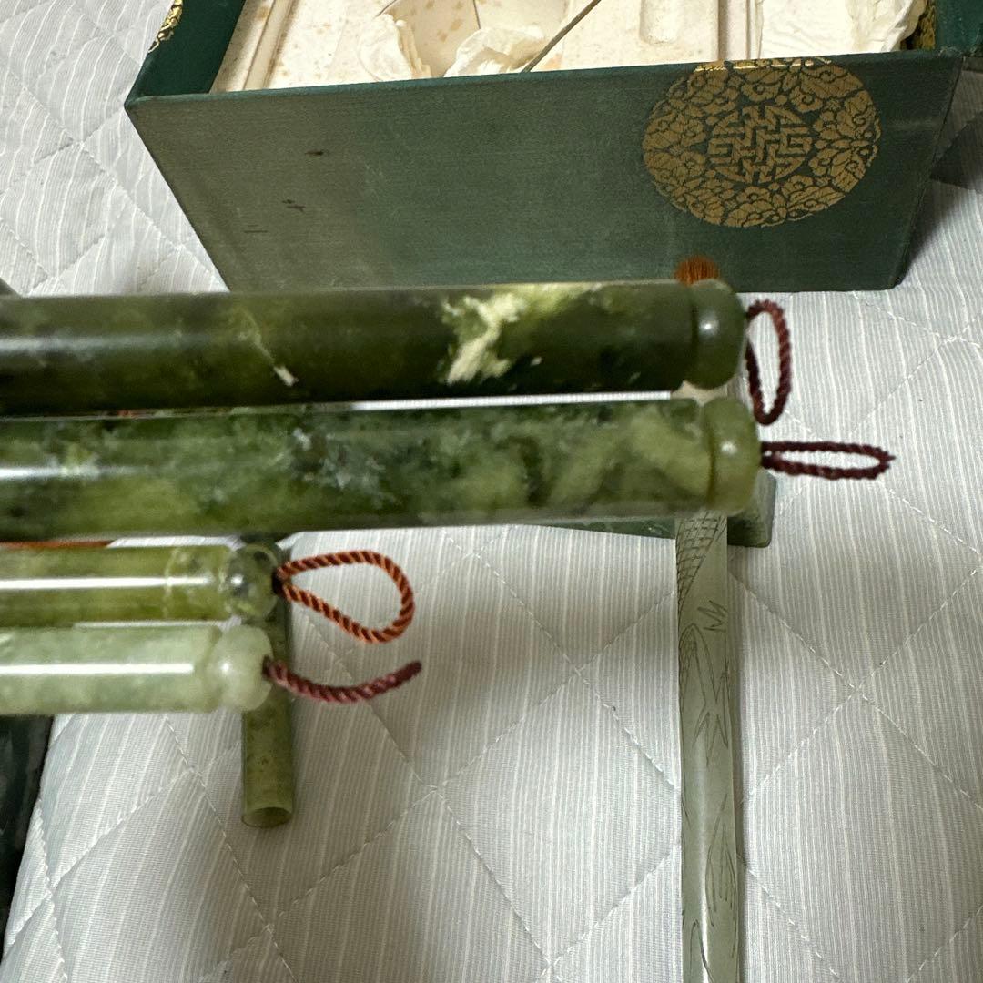 中国美術 和田碧玉 青玉筆 筆入れ 筆筒 書道具セット時代物　原箱付きまとめ