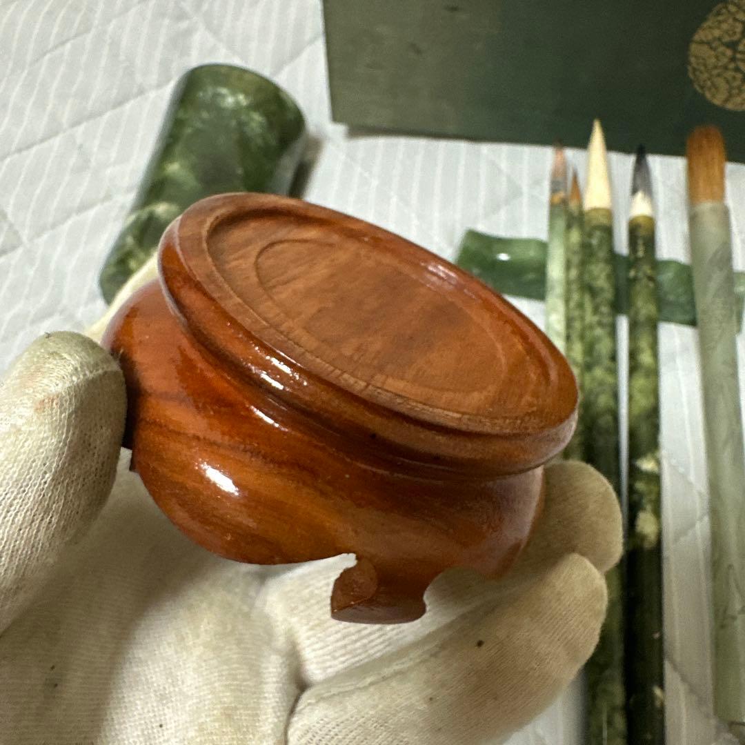 中国美術 和田碧玉 青玉筆 筆入れ 筆筒 書道具セット時代物　原箱付きまとめ