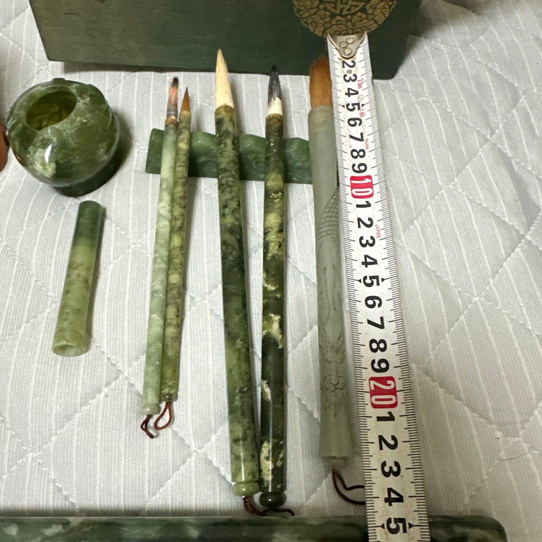 中国美術 和田碧玉 青玉筆 筆入れ 筆筒 書道具セット時代物　原箱付きまとめ