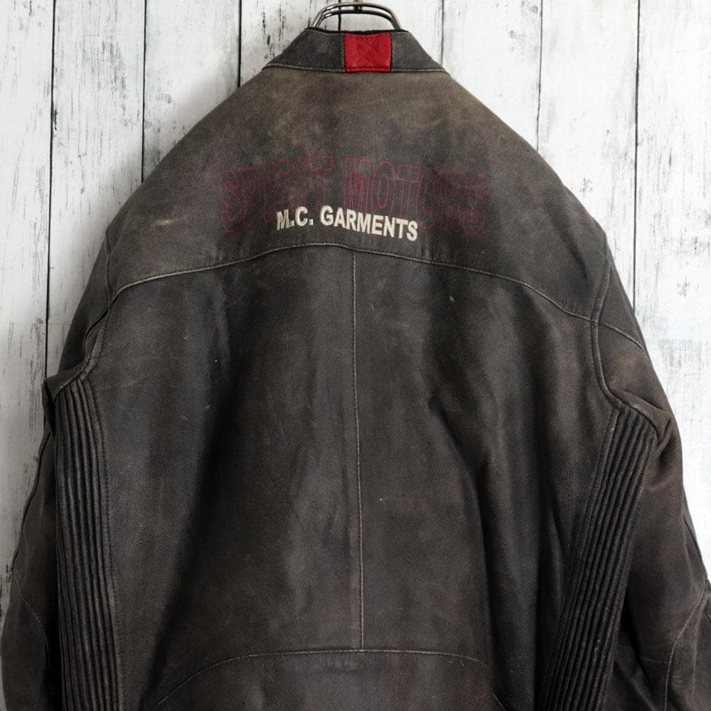 ユーロ古着 polo レーシングライダースジャケット アームロゴ バック刺繍本革