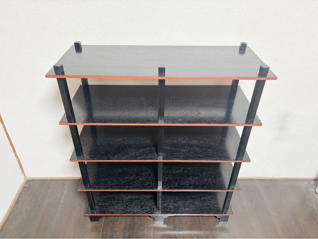 美品 懐石道具 五段 配膳棚 組立式 柿合塗 引出し付 木製爪紅 収納家具茶器