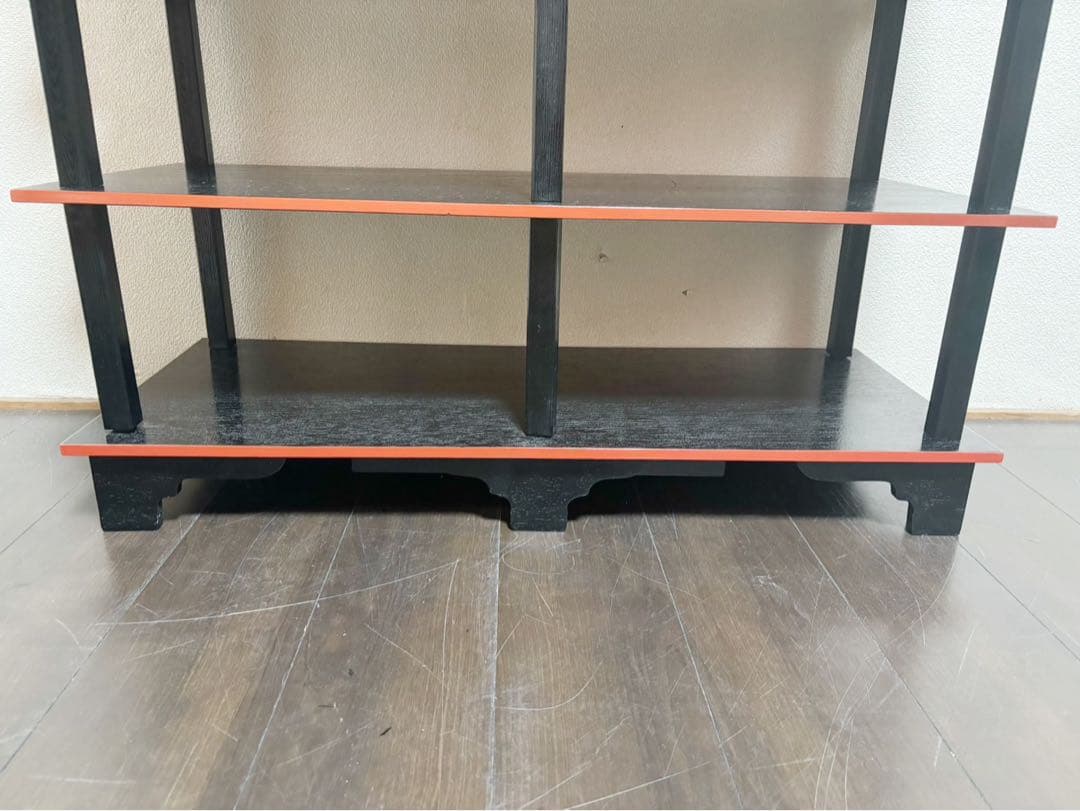 美品 懐石道具 五段 配膳棚 組立式 柿合塗 引出し付 木製爪紅 収納家具茶器