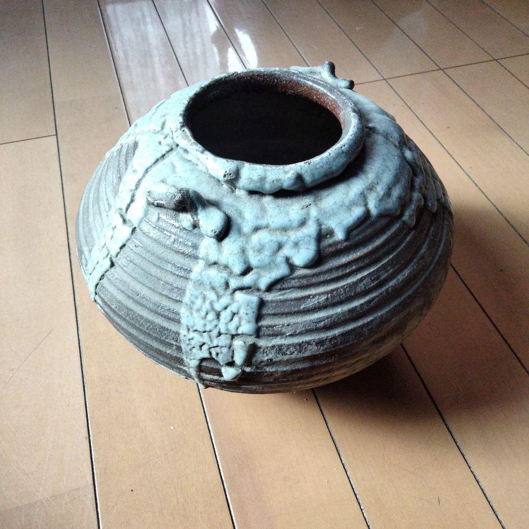 陶器の広口器 茶色と白の釉薬