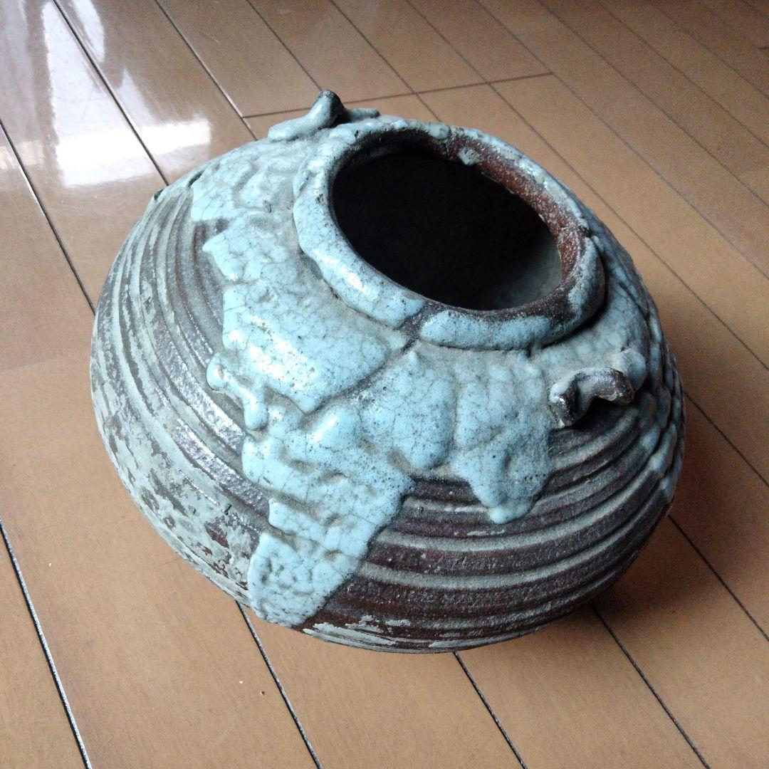 陶器の広口器 茶色と白の釉薬