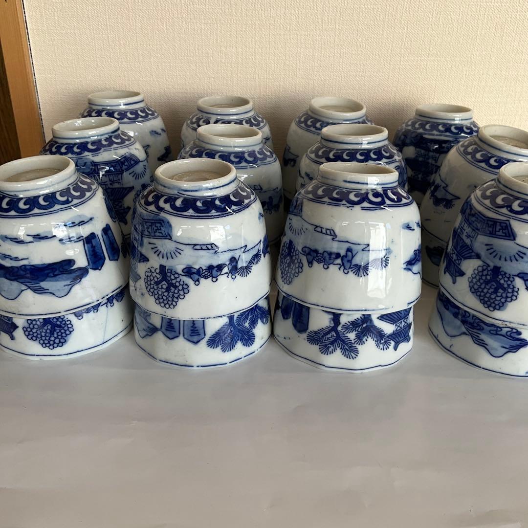 染付楼閣山水唐人文向付(蕎麦猪口)24客組　幕末〜明治時代頃