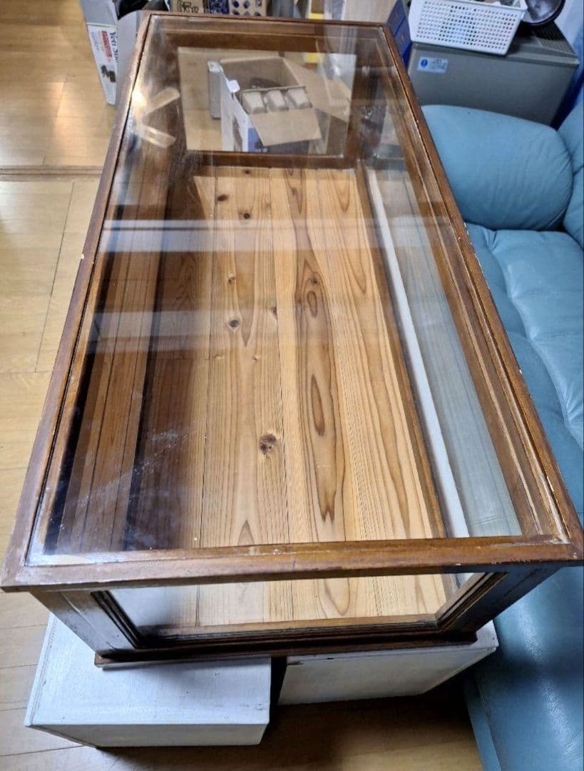 古い木枠の卓上ガラスケース　食器棚　キッチン収納　古家具　古道具