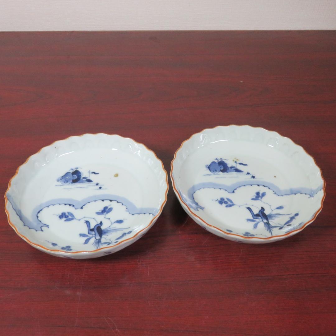 中皿 2枚 鳥 花 島 海 染付 明治 大正 その2