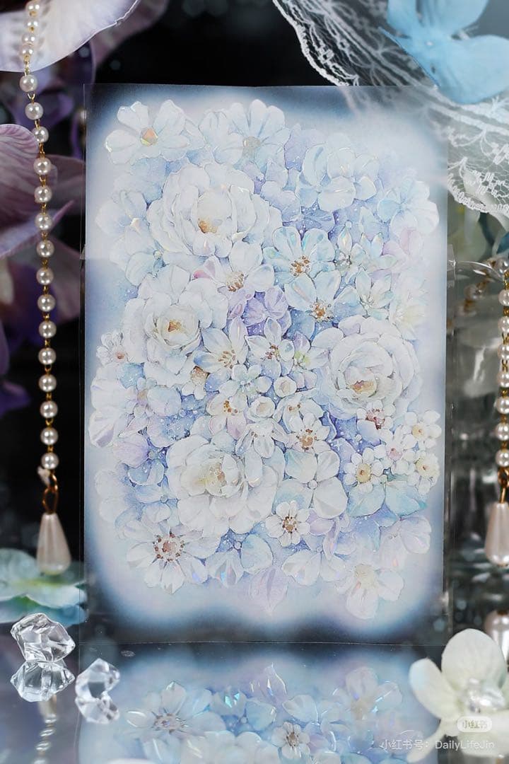 【9398】海外4/10m巻　貝殻光マスキングテープ　半透明　ブルー　お花背景系