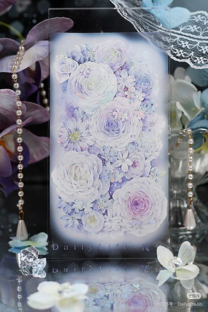 【9398】海外4/10m巻　貝殻光マスキングテープ　半透明　ブルー　お花背景系