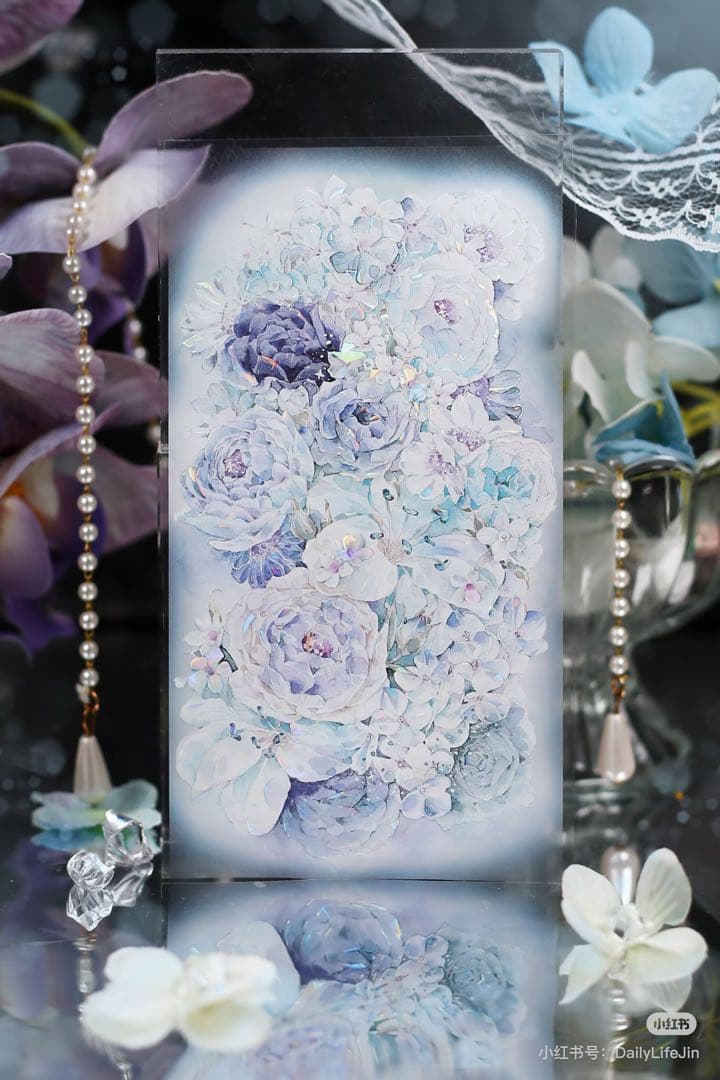 【9398】海外4/10m巻　貝殻光マスキングテープ　半透明　ブルー　お花背景系