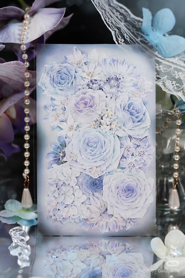 【9398】海外4/10m巻　貝殻光マスキングテープ　半透明　ブルー　お花背景系