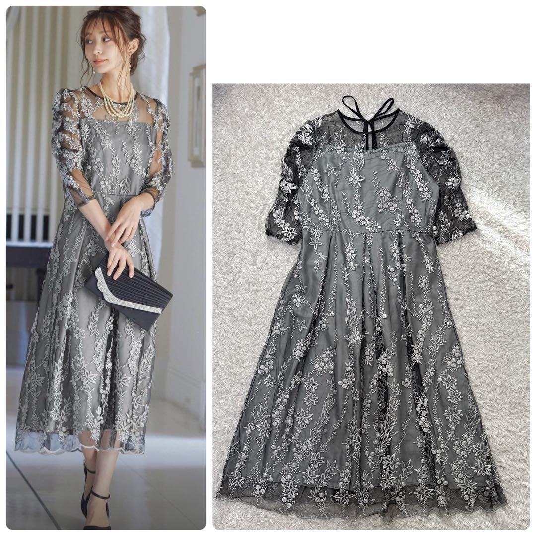極美品 niana 刺繍レース バックリボン パーティードレス 二次会 Lサイズ